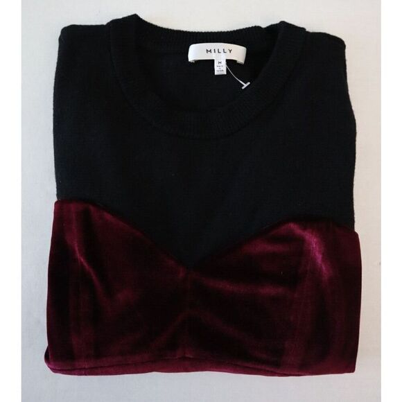 Milly New York Women's Sz M Black/Maroon Velour/Knit Corsetry Pullover Sweater - Picture 7 of 8